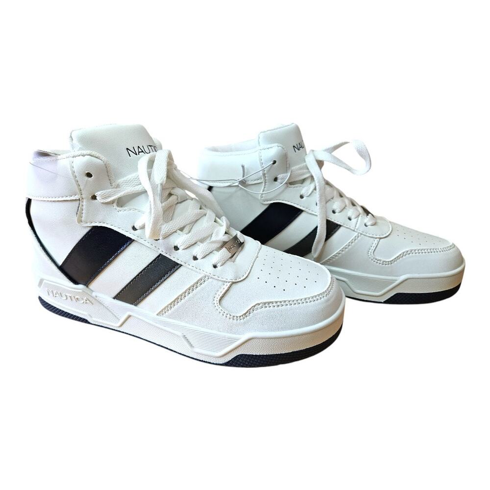 NEW Nautica Boy's Huxley B High-Top Sneakers White w/Navy Gray Stripes (Size: 6)